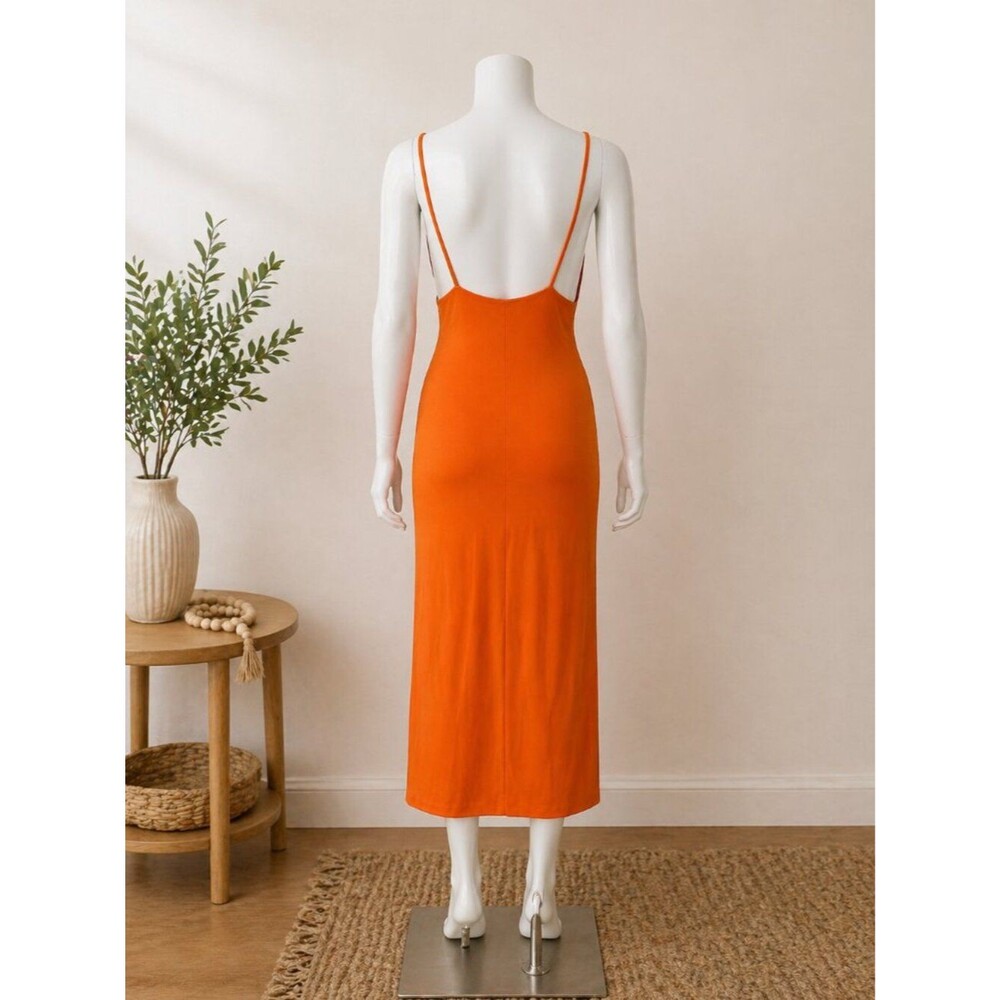 Zara Orange Cutout Midi Dress Size Large Bodycon Sleeveless Knot Front - Picture 2 of 6